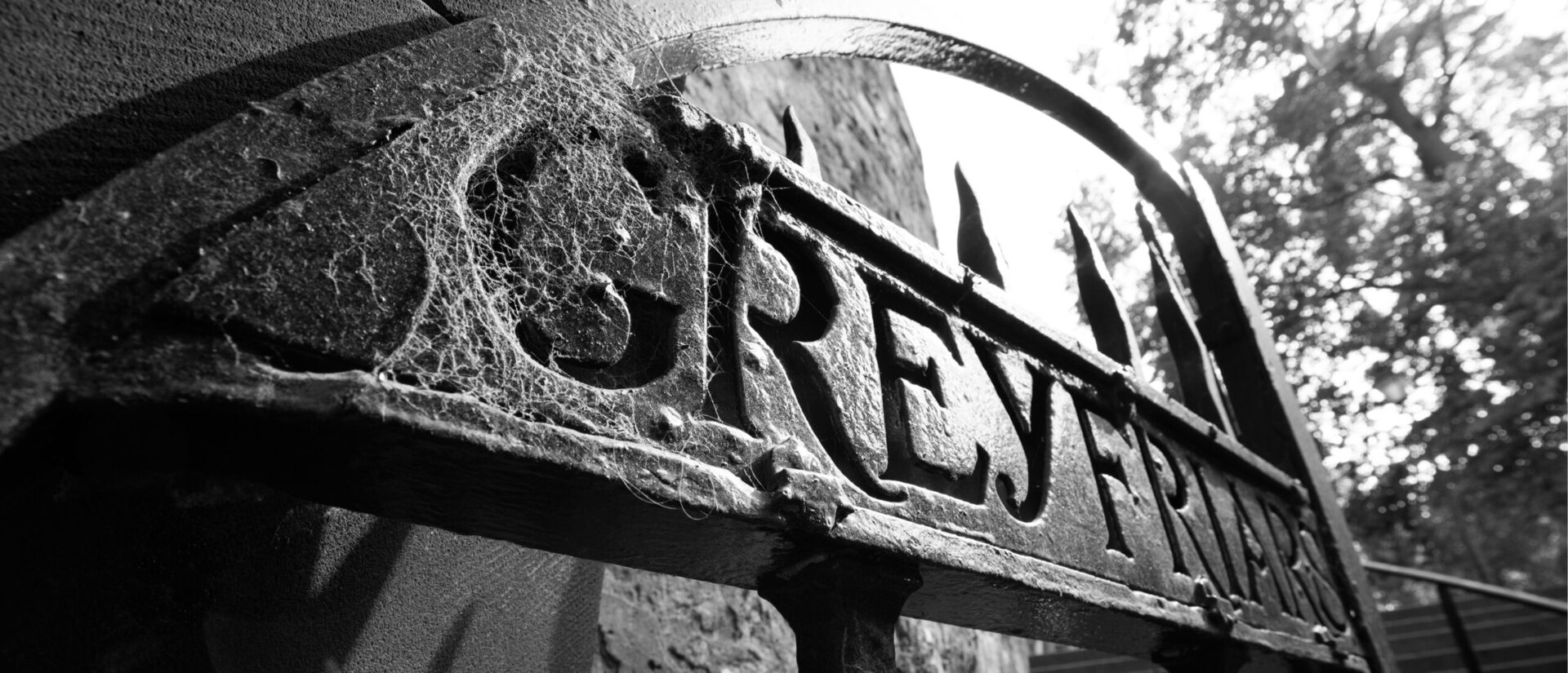 Black and white close up of sign at Greyfriars Kirkyard